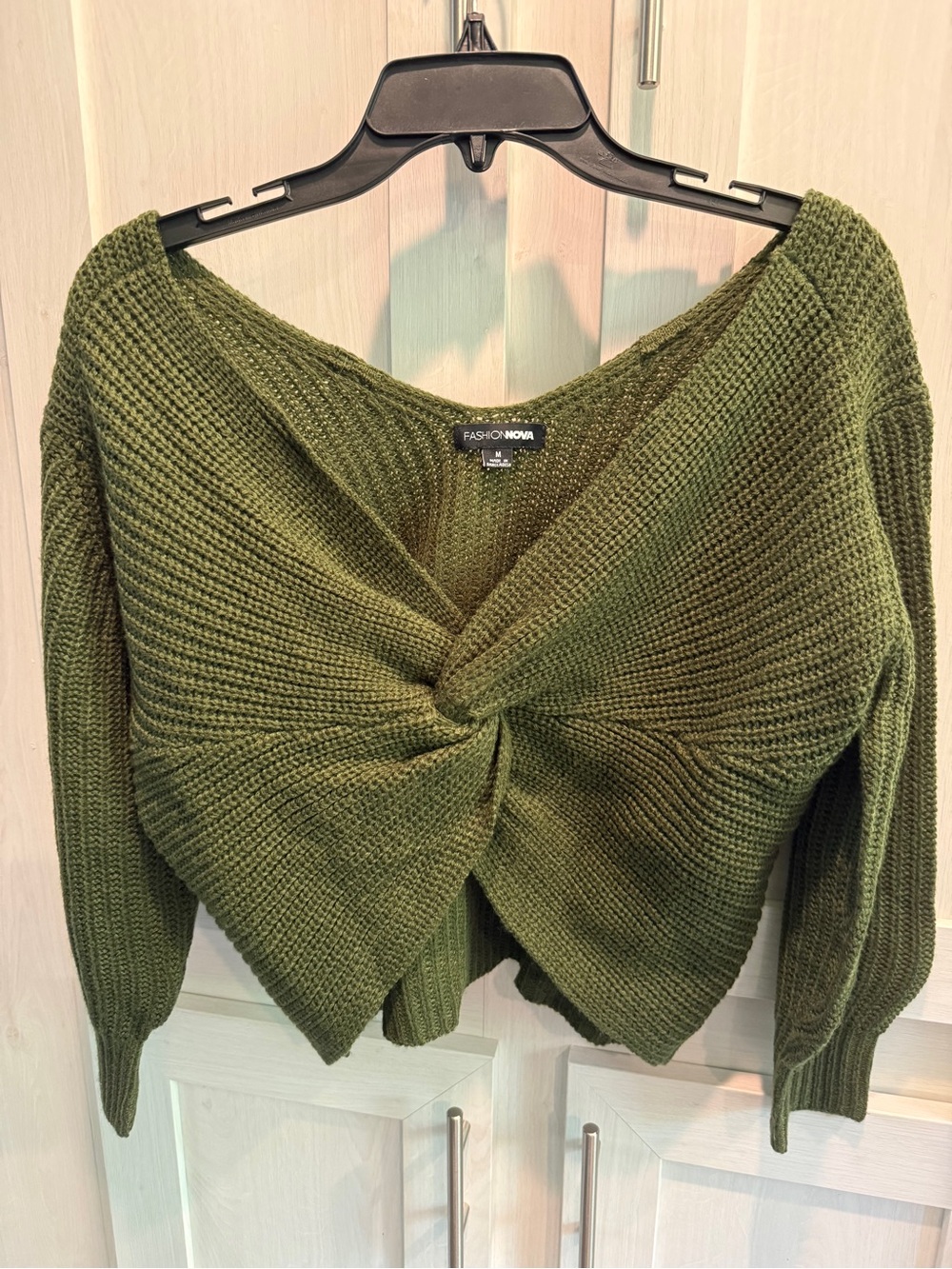 Fashion Nova Olive Green Off-Shoulder Twist Knit Sweater